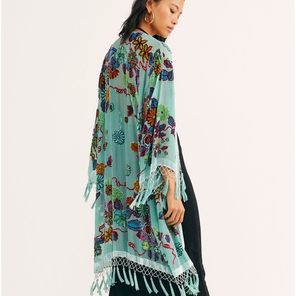 Free People Jackets & Blazers - Free People Sweet Leaf Burnout Floral Embroidered Kimono with Fringe. OS NWT